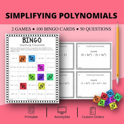 Algebra: Simplifying Polynomials Level 1 Math Bingo Review Game
