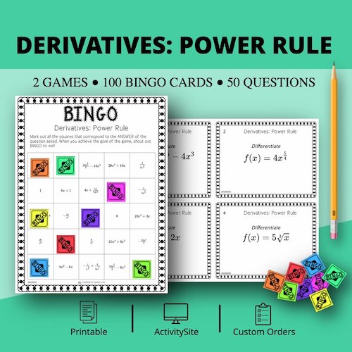 Calculus Derivatives: Power Rule Math Bingo Review Game