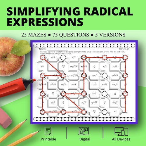 Simplifying Radical Expressions Maze Activity Sets- Distance Learning Compatible