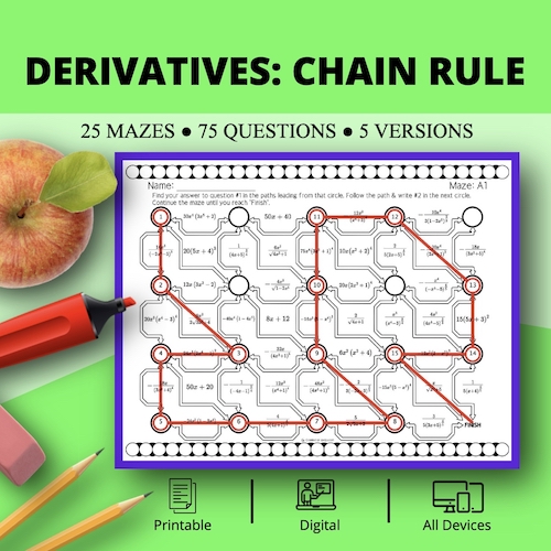 Calculus Derivatives: Chain Rule Maze Activity Sets - Distance Learning Compatible