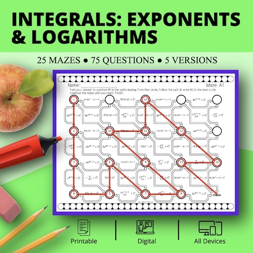 Calculus Integrals: Exponents & Logs Maze Activity Set Distance Learning Compatible