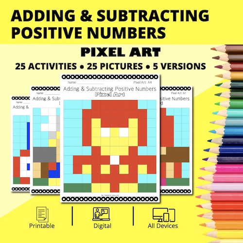 Super Hero: Adding & Subtracting Positive Numbers Pixel Art Activity