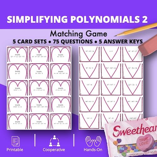 Valentine’s Day: Algebra Simplifying Polynomials Level 2 Matching Game