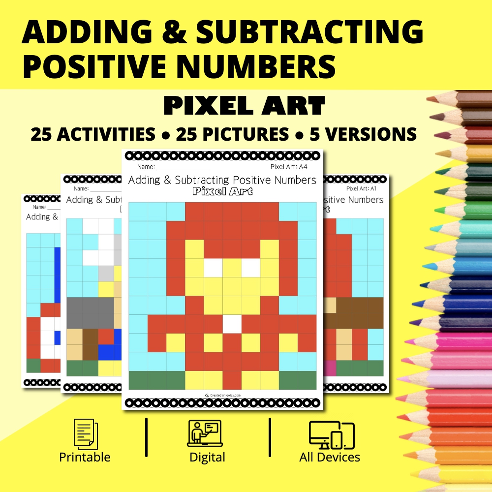 Adding and Subtracting Positive Numbers Heros Pixel Art