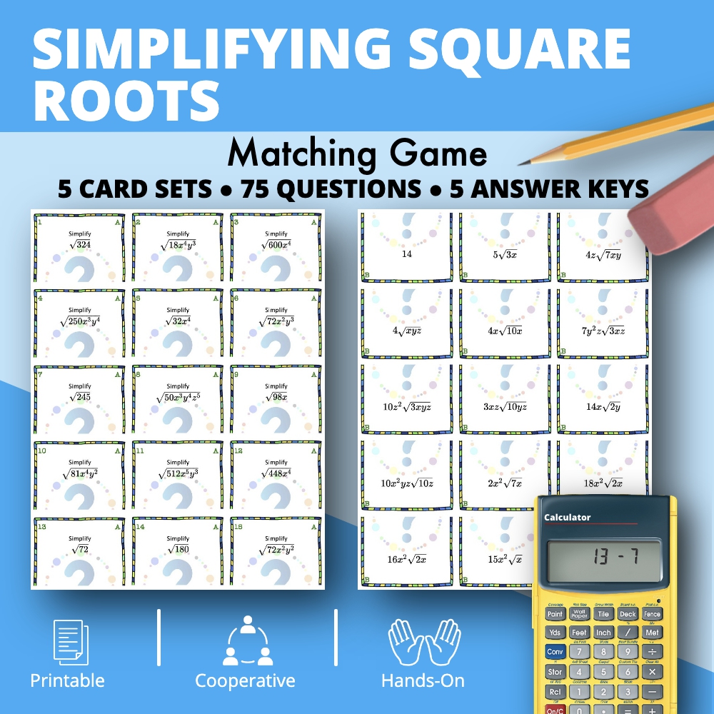 Simplifying Square Root Expressions Matching Game