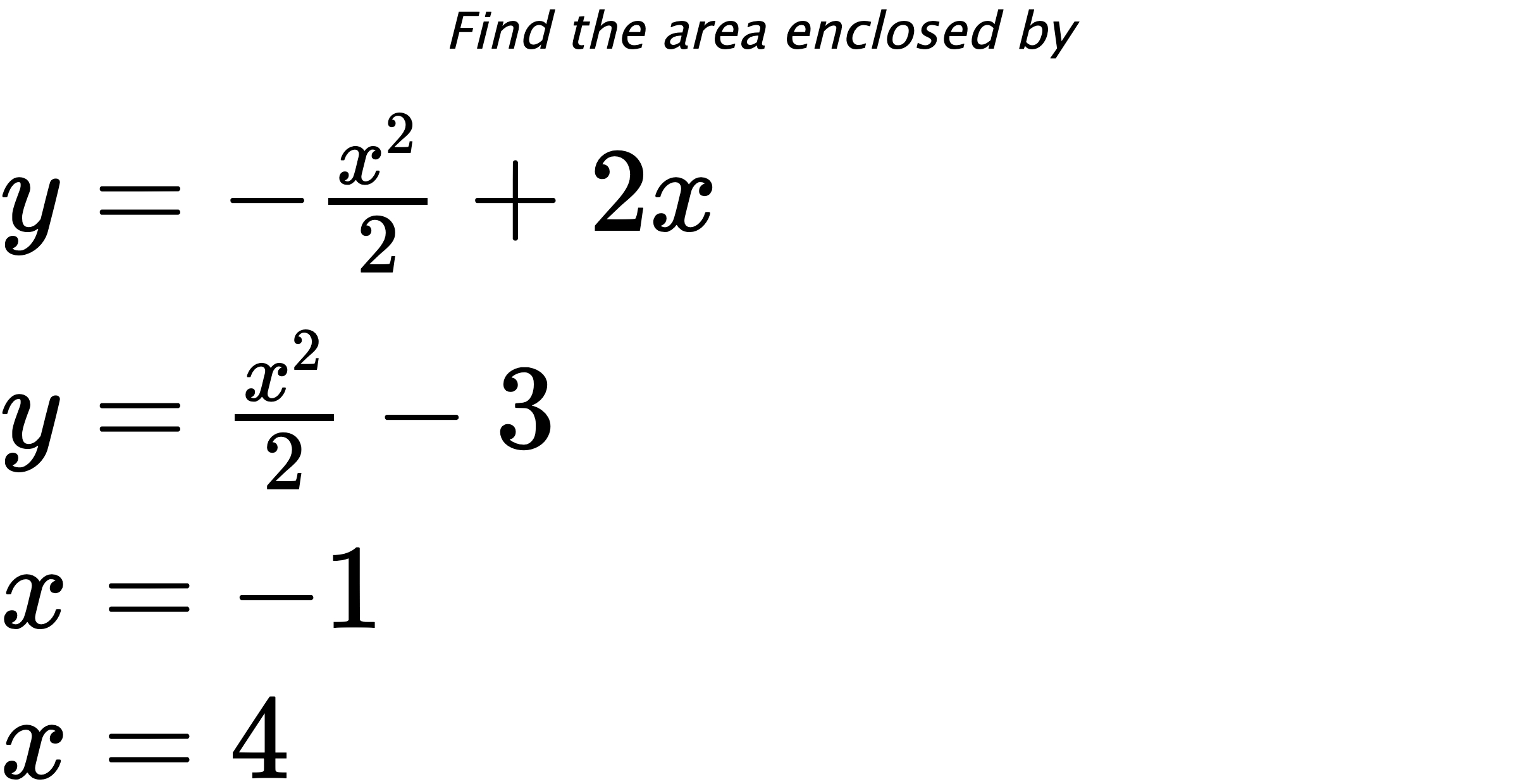 Find the area enclosed by $ y=-\frac{x^2}{2}+2x \\ y=\frac{x^2}{2}-3 \\ x=-1 \\ x=4 $