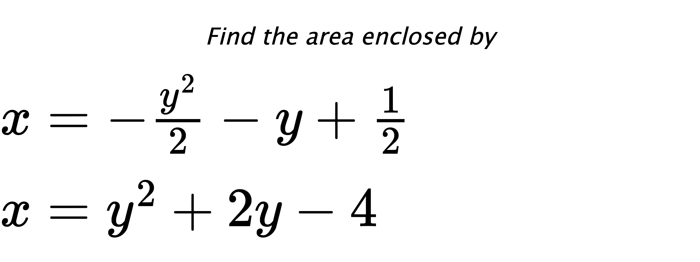Find the area enclosed by $ x=-\frac{y^2}{2}-y+\frac{1}{2} \\ x=y^2+2y-4 $