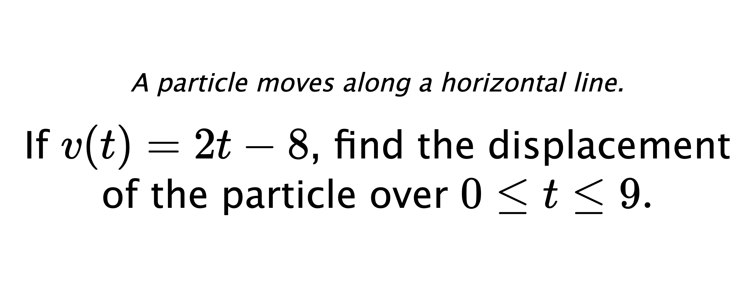 A particle moves along a horizontal line. If $ v(t)=2t-8 $, find the displacement of the particle over $ 0 \leq t \leq 9 .$