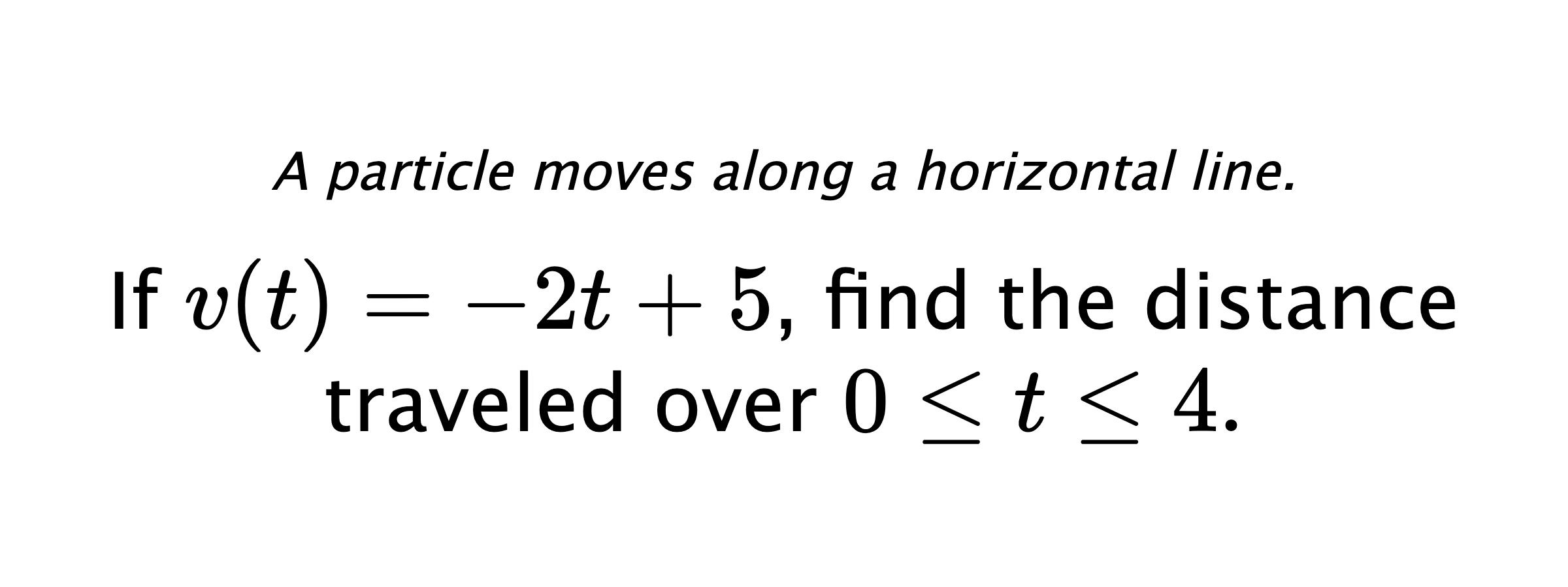 A particle moves along a horizontal line. If $ v(t)=-2t+5 $, find the distance traveled over $ 0 \leq t \leq 4 .$